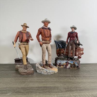 LOT 167L: John Wayne Porcelain Statues - The Franklin Mint "The Duke", "Western Lawman" and Bradford Exchange Trails...