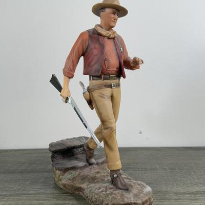 LOT 167L: John Wayne Porcelain Statues - The Franklin Mint "The Duke", "Western Lawman" and Bradford Exchange Trails...