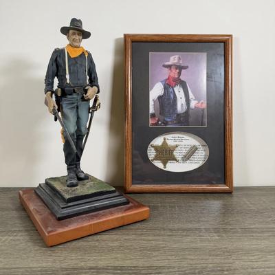 LOT 172L: Collector's Showcase John Wayne Statue #25/500 & Framed Sheriff Shadowbox