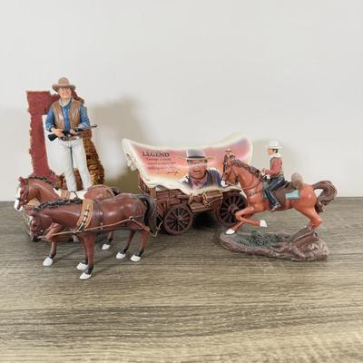 LOT 195L: Hawthorne Village Legend of John Wayne Signature Collection Sculpture # A0485 & A0481 and Bradford Exchange Silver Screen...