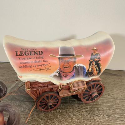 LOT 195L: Hawthorne Village Legend of John Wayne Signature Collection Sculpture # A0485 & A0481 and Bradford Exchange Silver Screen...