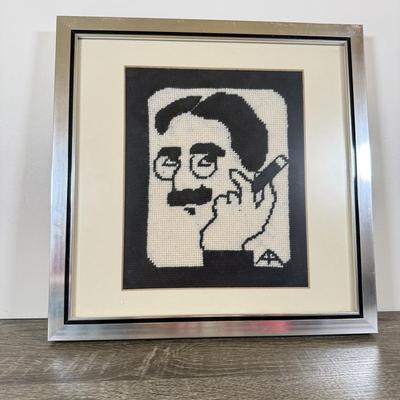 LOT 240L: Groucho Marx 27" Pull String Ventriloquist Dummy Doll w/ Needlepoint Marx Portrait, DVDs & Time Magazine