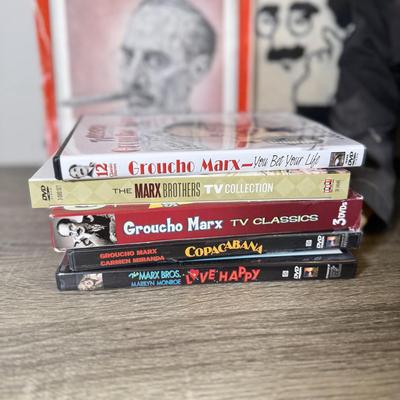 LOT 240L: Groucho Marx 27" Pull String Ventriloquist Dummy Doll w/ Needlepoint Marx Portrait, DVDs & Time Magazine