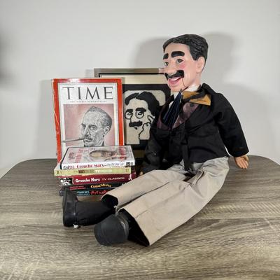 LOT 240L: Groucho Marx 27" Pull String Ventriloquist Dummy Doll w/ Needlepoint Marx Portrait, DVDs & Time Magazine