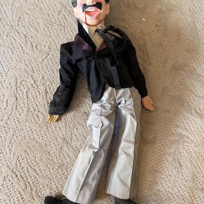 LOT 240L: Groucho Marx 27" Pull String Ventriloquist Dummy Doll w/ Needlepoint Marx Portrait, DVDs & Time Magazine