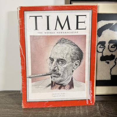 LOT 240L: Groucho Marx 27" Pull String Ventriloquist Dummy Doll w/ Needlepoint Marx Portrait, DVDs & Time Magazine