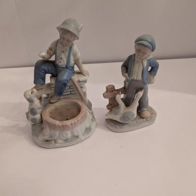 Porcelain Boy/Dog Figurine Candle Holder & Farm Boy With Geese