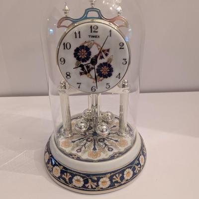 Approx 10" Tall Vintage Timex Clock Blue & White With Pendulum