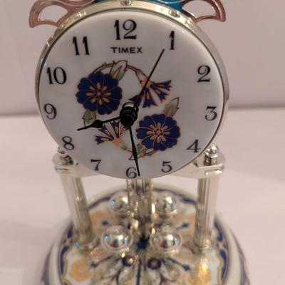 Approx 10" Tall Vintage Timex Clock Blue & White With Pendulum