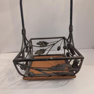 Vintage Wrought Iron Basket Flowers Fruit Garden Birds Leaves Handle Wooden Bottom
