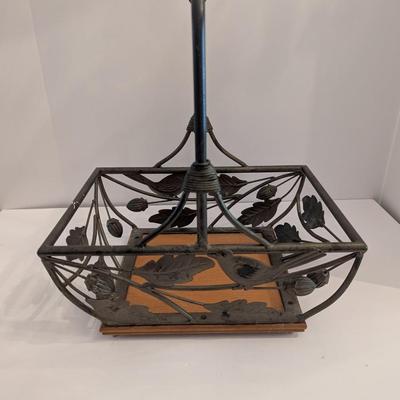 Vintage Wrought Iron Basket Flowers Fruit Garden Birds Leaves Handle Wooden Bottom