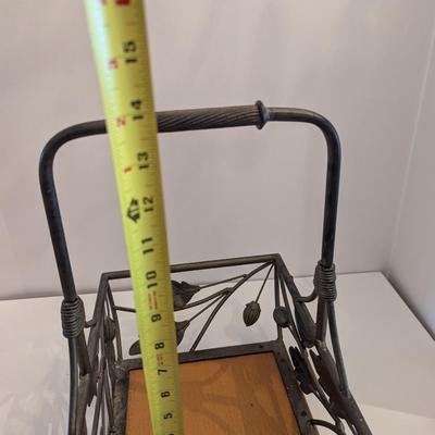 Vintage Wrought Iron Basket Flowers Fruit Garden Birds Leaves Handle Wooden Bottom