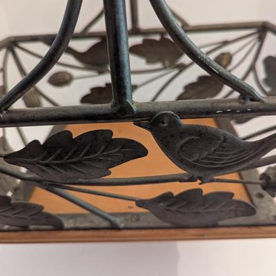 Vintage Wrought Iron Basket Flowers Fruit Garden Birds Leaves Handle Wooden Bottom