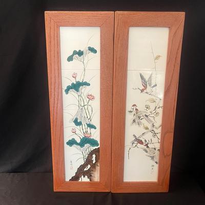 Pair of Vertical Wooden Framed Tile Art (LR-MG)