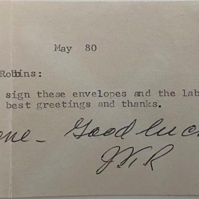 WWII Lt. Gen. Jay T. Robbins signed note