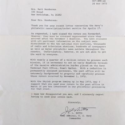 Lieutenant John Butts signed letter