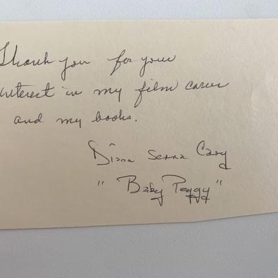 Baby Peggy Child Star Diana Cary signed note
