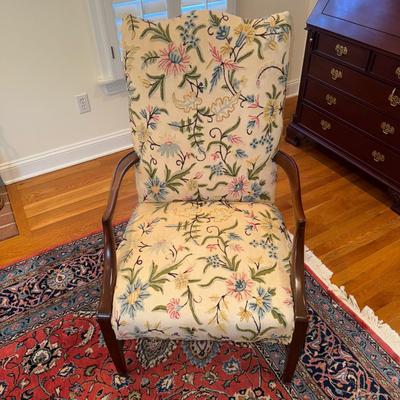 326 Pair of Hickory Federal Style Mahogany Lolling Chairs with Crewel Upholstery