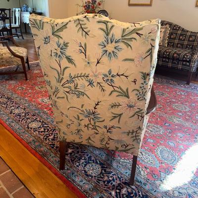 326 Pair of Hickory Federal Style Mahogany Lolling Chairs with Crewel Upholstery