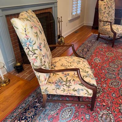 326 Pair of Hickory Federal Style Mahogany Lolling Chairs with Crewel Upholstery