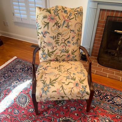 326 Pair of Hickory Federal Style Mahogany Lolling Chairs with Crewel Upholstery