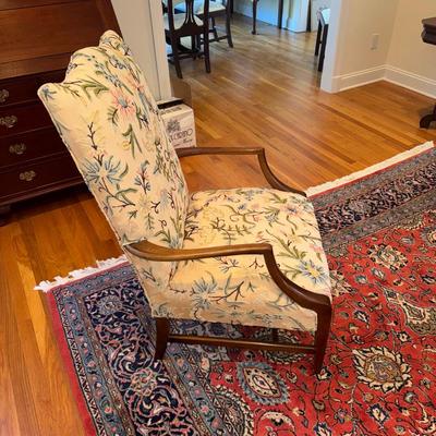 326 Pair of Hickory Federal Style Mahogany Lolling Chairs with Crewel Upholstery