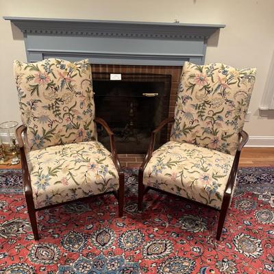 326 Pair of Hickory Federal Style Mahogany Lolling Chairs with Crewel Upholstery