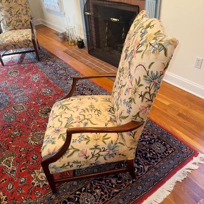 326 Pair of Hickory Federal Style Mahogany Lolling Chairs with Crewel Upholstery