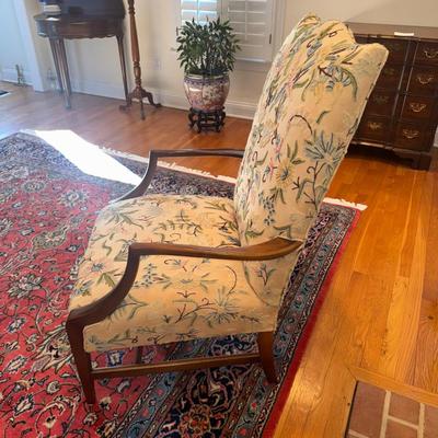 326 Pair of Hickory Federal Style Mahogany Lolling Chairs with Crewel Upholstery