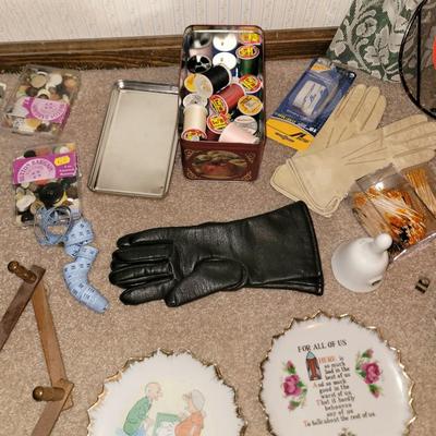 Sale Photo Thumbnail #617: Everything pictured,  sewing stuff, women's leather gloves, two garment bags, 2 small flashlights and a bunch more small items