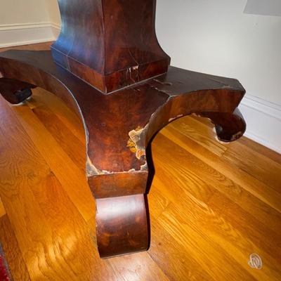 Sale Photo Thumbnail #55: Antique Empire Flip top Game Table. Appears to be mahogany. Flip Top has signs of wear and needs to be reattached.  . Some veneer  on base is also missing due to wear and age. 
48”W x 24”D x 28”H