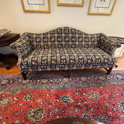 Sale Photo Thumbnail #74: Chippendale Style Upholstered Sofa. Overall, great condition there is some fading in the floral pattern material. Structurally sound cushions in great shape. 
7’-8” W x 35”H x 35”D