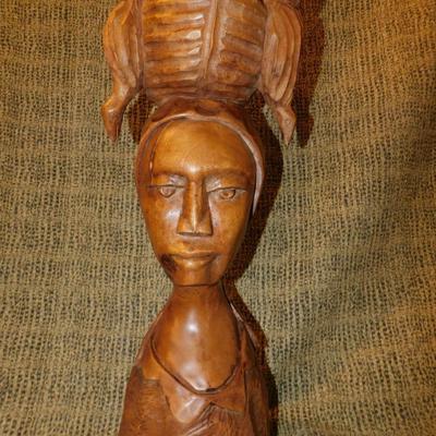 21” Carved Wooden Bust, Woman With Burden