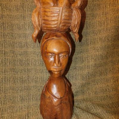 21” Carved Wooden Bust, Woman With Burden