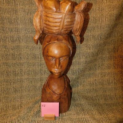 21” Carved Wooden Bust, Woman With Burden