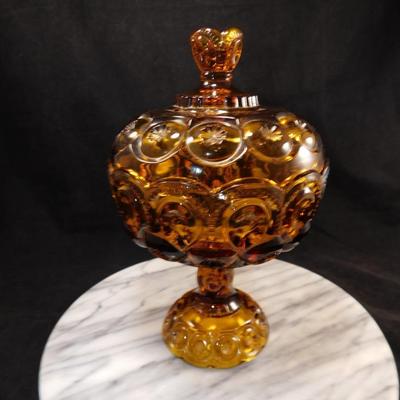 Vintage L.E. Smith Soft Topaz Moon & Stars Covered Candy Dish