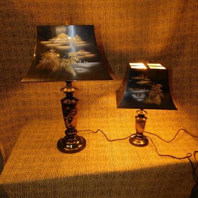 Asian Themed Etched Metal Table Lamps 24”/17”