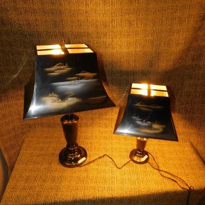 Asian Themed Etched Metal Table Lamps 24”/17”
