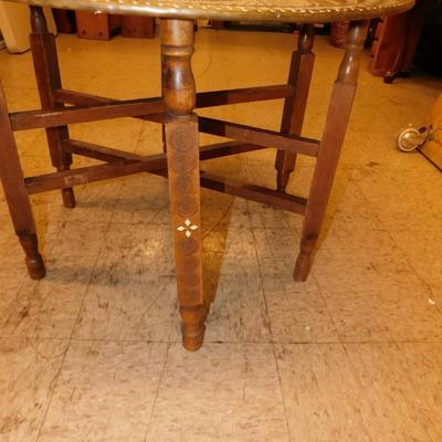 Vintage Moroccan Brass Tray Table w/ Inlayed Wood Stand