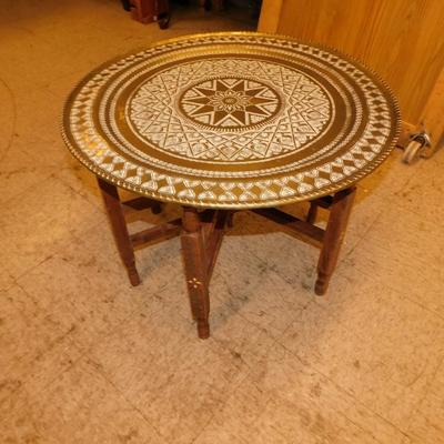 Vintage Moroccan Brass Tray Table w/ Inlayed Wood Stand
