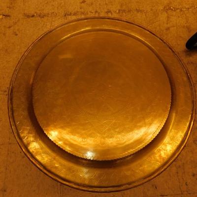 Vintage Moroccan Brass Tray Table w/ Inlayed Wood Stand