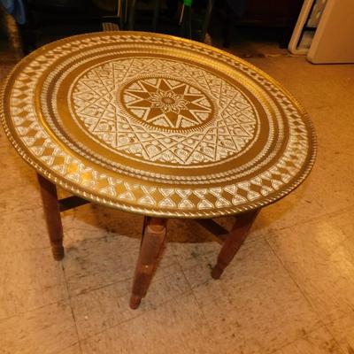 Vintage Moroccan Brass Tray Table w/ Inlayed Wood Stand