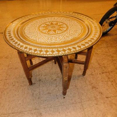 Vintage Moroccan Brass Tray Table w/ Inlayed Wood Stand