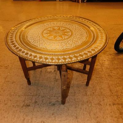 Vintage Moroccan Brass Tray Table w/ Inlayed Wood Stand