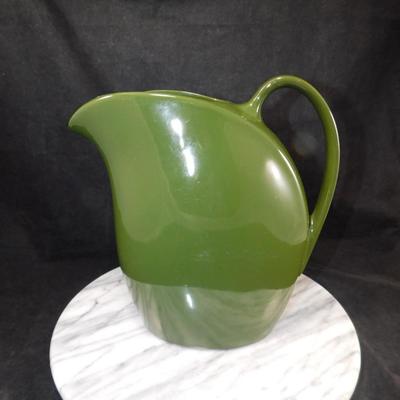 Vintage HALL Pottery MCM Forest Green Retro Pitcher 9.25”x9.25”x4.5”