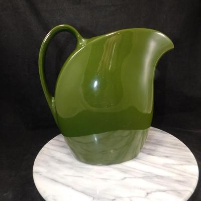 Vintage HALL Pottery MCM Forest Green Retro Pitcher 9.25”x9.25”x4.5”