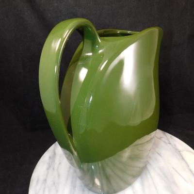 Vintage HALL Pottery MCM Forest Green Retro Pitcher 9.25”x9.25”x4.5”