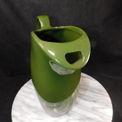 Vintage HALL Pottery MCM Forest Green Retro Pitcher 9.25”x9.25”x4.5”