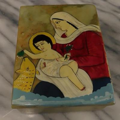 Hand Painted Madonna and Child Soapstone Trinket Box, India 4”x3”x1.5”