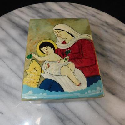 Hand Painted Madonna and Child Soapstone Trinket Box, India 4”x3”x1.5”